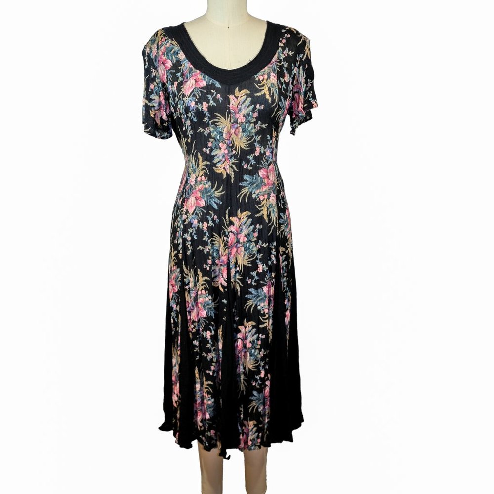 Vintage Lola P. Black Antique Floral Maxi Dress - Size P (6) - Bohemian- Grunge